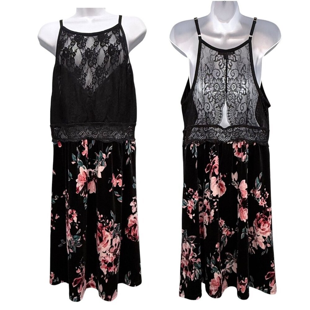 INC Black Floral Velvet Lace Slip Dress Soft Goth Coquette Whimsigoth Size 1X